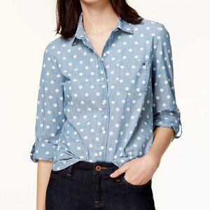 Tommy Hilfiger Button-Down Shirt NWOT MEDIUM Blue Polka Dot Roll-Tab Sleeves